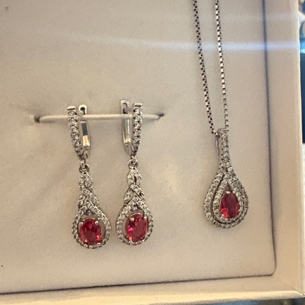 Sterling Silver Ruby and diamond Jewelry Set
